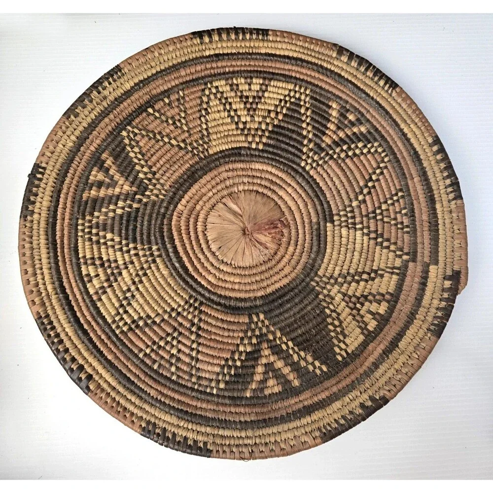 African Hand Woven Coiled Flat Basket Tray Geometric Vintage 12.5